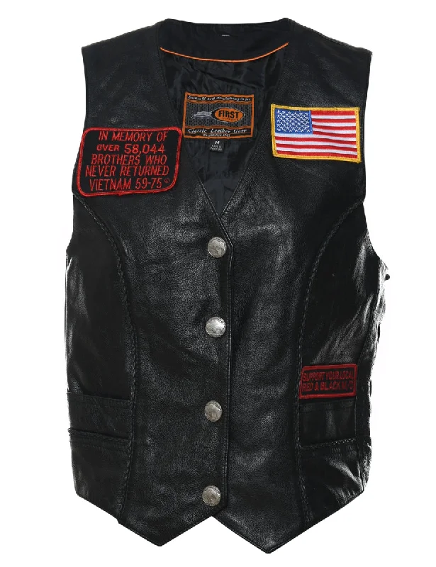 Classic Black Leather Embroidered Waistcoat - M Hip Women's Retro