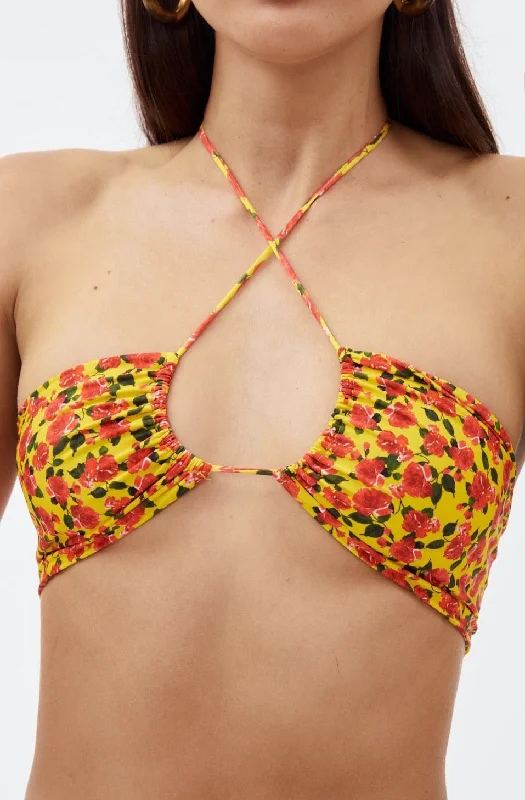 Yellow Floral Print Bandeau Bra Swim Top