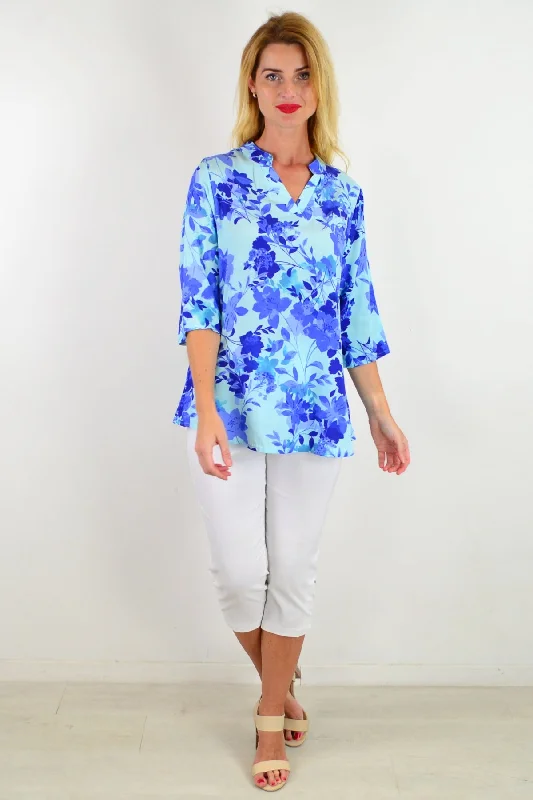 Blue Pop Of Colour Floral Tunic Top Vacation