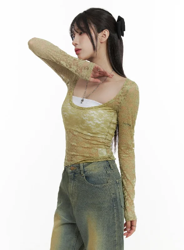 Lace Sheer U-Neck Long Sleeve Top OA425 purpose