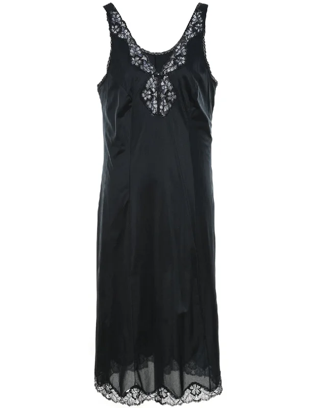 Classic Black Lace Trim Slip Dress - L Compression