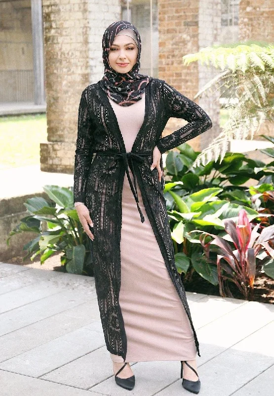 Black Lace Tie Waist Cardigan Casual Women's Loose - fitting
