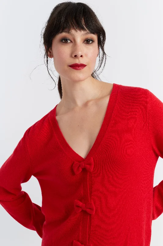 Red Wool-Cashmere Hello Kitty Bow Cardigan Stylish Women's Tropical 