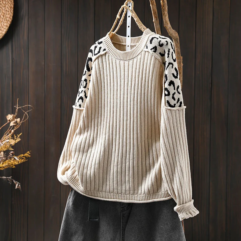 Women Spring Leopard Print Colorblock Knit Cotton Sweater Laid - back Women's Style