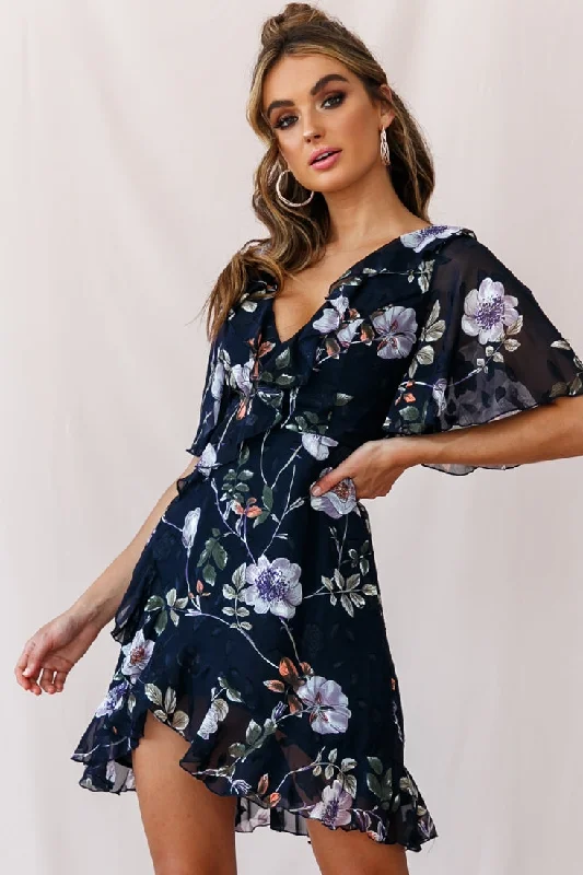 June Angel Sleeve Ruffle Detail Dress Navy Cashmere