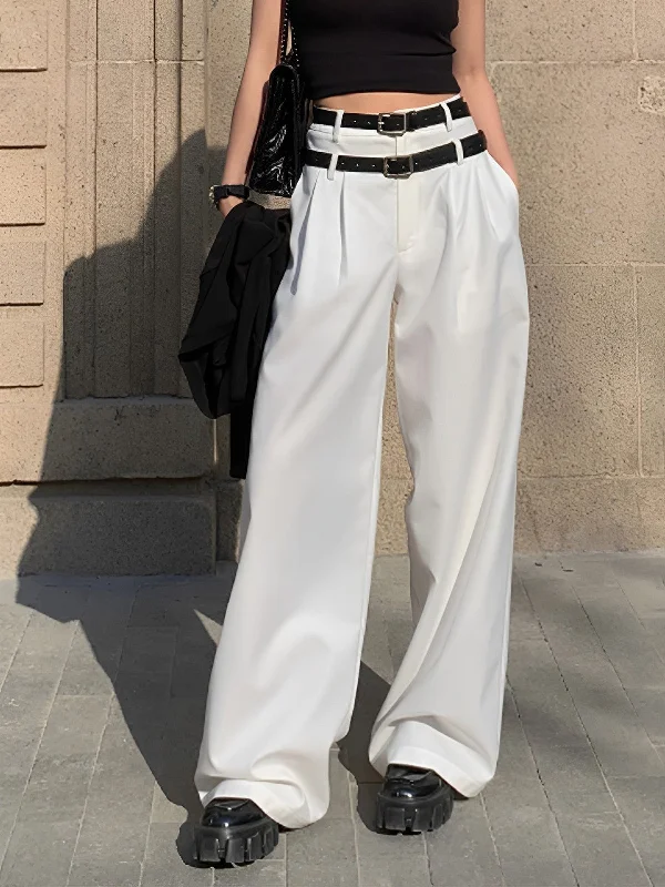 BerryBetty - Double Waistband Pleat Wide Leg Pants Stylish Women's Tropical 