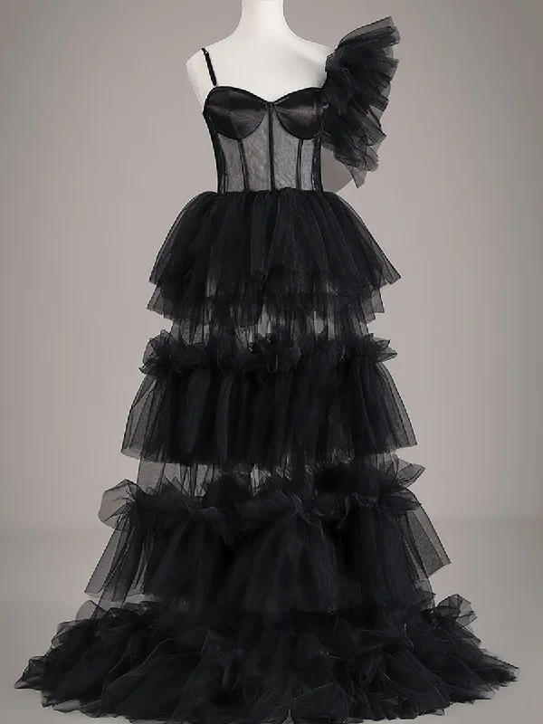 Black One Shoulder Wedding Dress Cheap Tulle Gowns European