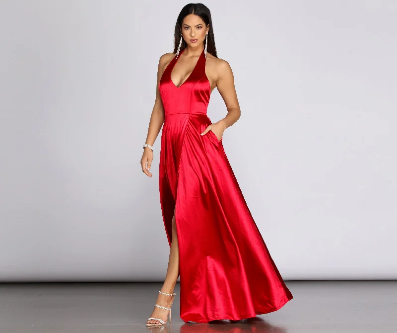 Hazel Formal Halter Satin Dress Practical Women's Quick - dry