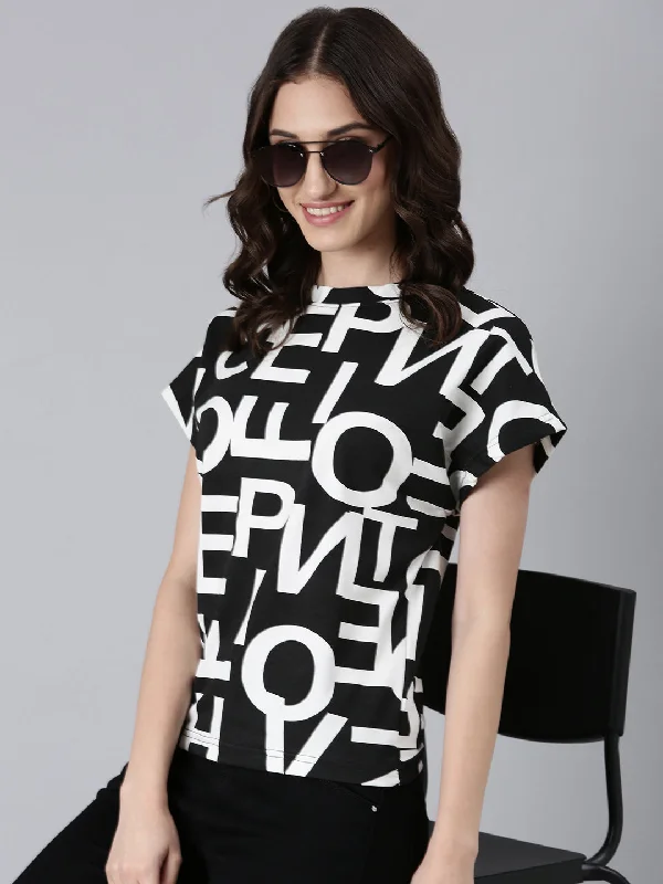 Women Black Typographic Boxy Tshirt Street