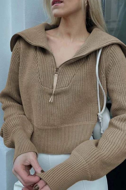 BerryBetty - Solid Lapel Zipper Sweater Cool Women's Distressed