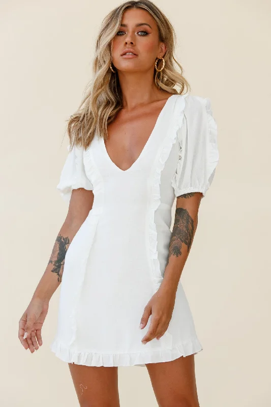 Maisy Puff Sleeve Frill Trim Dress White Minimalist Women's Casual