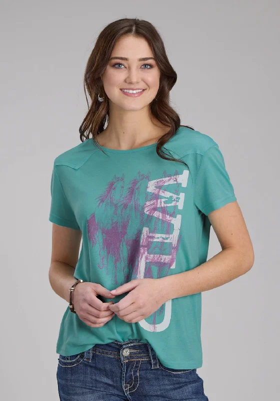 Roper Womens Wild Horses Turquoise Poly/Rayon Yoked S/S T-Shirt Cozy Women's Winter