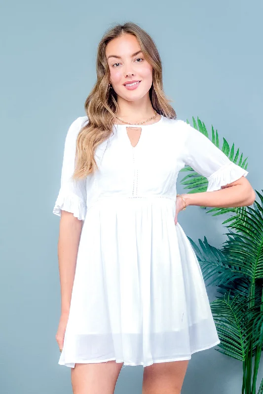 Bohemian 3/4 Ruffle Sleeve Solid Mini Dress Front Key Hole  With Linen (1070) Sharp Women's Italian