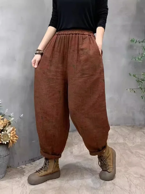 Babakud Women Autumn Retro Printed Cotton Floral Casual Harem Pants Business