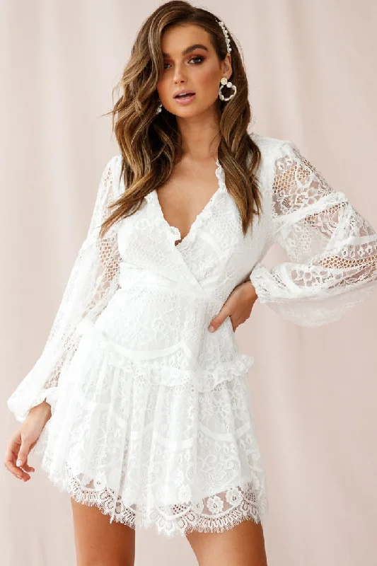 Albany Lace Up Back Frill Dress White Artistic Women's Hand - painted