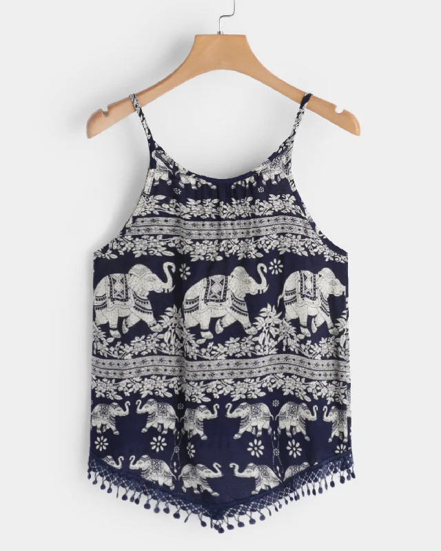 Custom Scoop Neck Printed Sleeveless Navy Camis Trendy Women's 