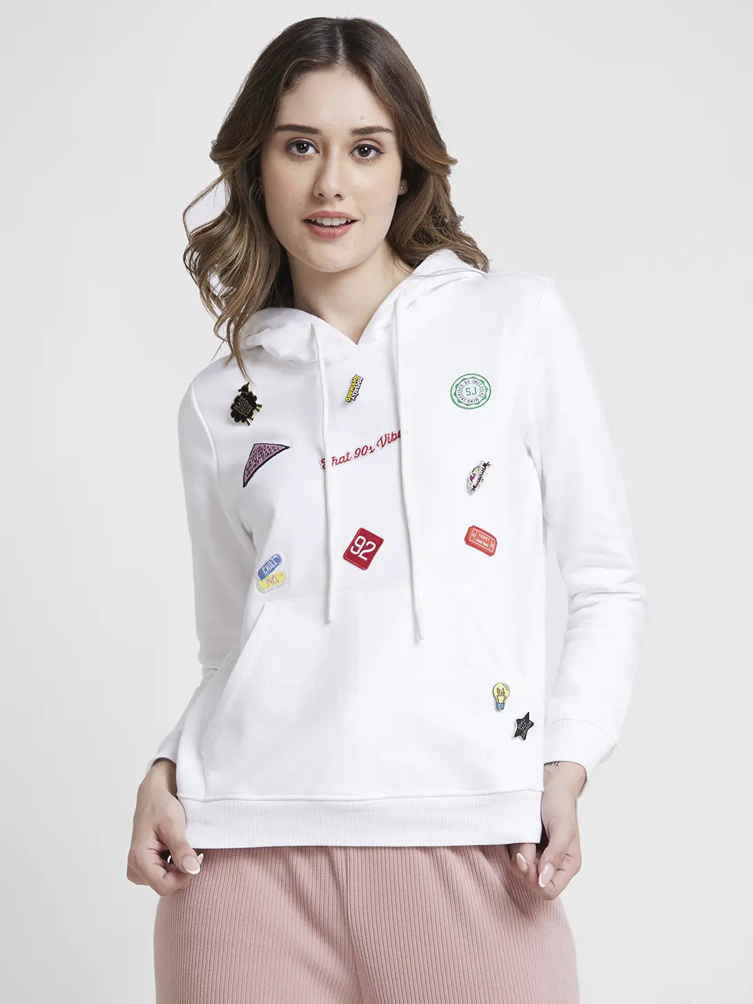 Spykar Women White Blended Regular Fit Hooded Plain Sweatshirt Vintage Women's 1970S Spykar Women White Blended Regular Fit Hooded Plain Sweatshirt Vintage Women's 1970S