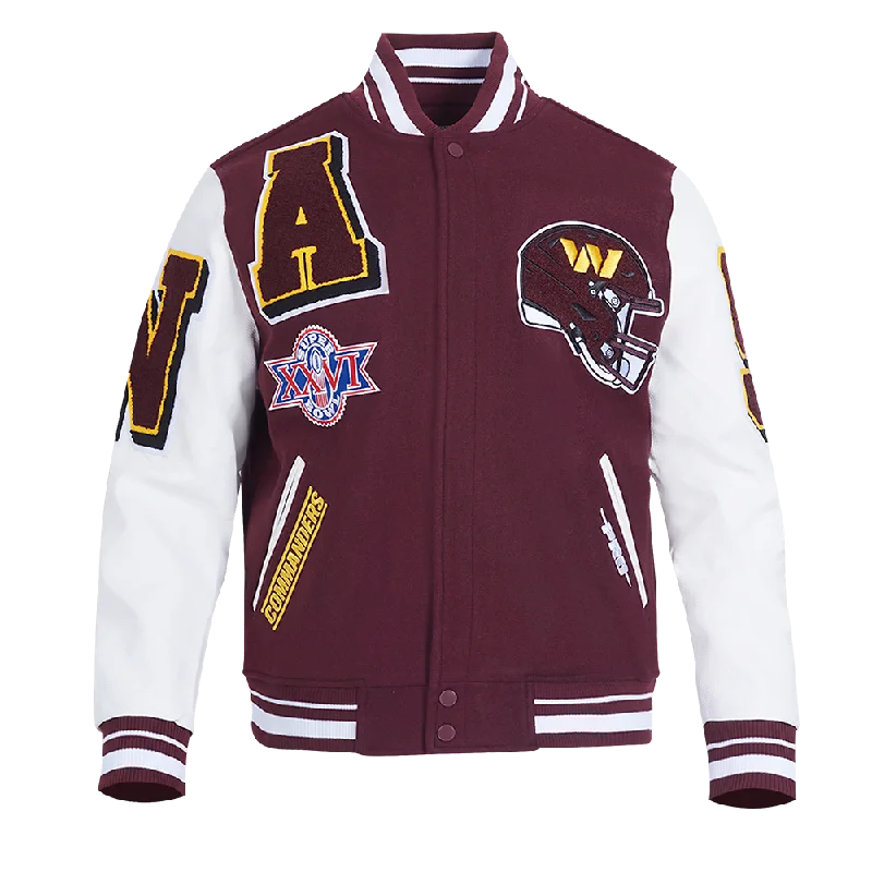 NFL WASHINGTON COMMANDERS MASHUP MEN'S RIB WOOL VARSITY JACKET (WINE/WHITE) Refined Women's Velvet NFL WASHINGTON COMMANDERS MASHUP MEN'S RIB WOOL VARSITY JACKET (WINE/WHITE) Refined Women's Velvet