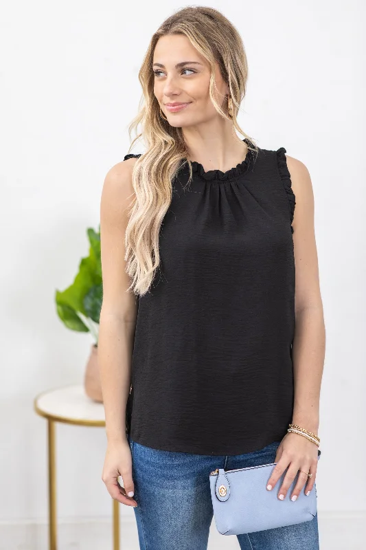Black Solid Mock Neck With Ruffle Woven Top Bold Women's Statement