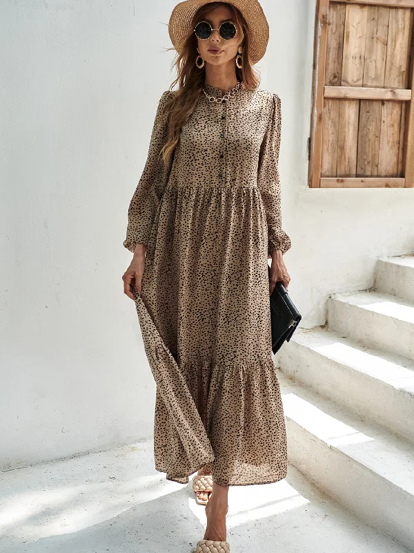 All Over Print Ruffle Hem Long Sleeve Stand Collar Flounce High Waist Long Dress Trendy Women's Oversized All Over Print Ruffle Hem Long Sleeve Stand Collar Flounce High Waist Long Dress Trendy Women's Oversized
