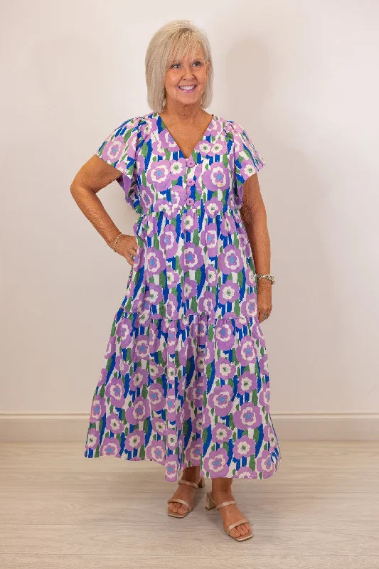 Floral Sunshine Lavender Midi Dress Relaxed Women's 