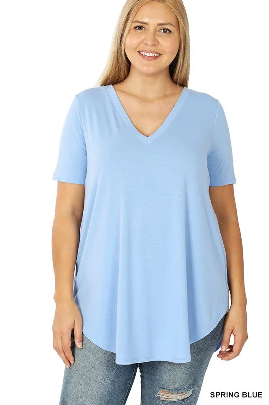 PLUS SHORT SLEEVE V-NECK ROUND HEM TOP Monochromatic All - in - one