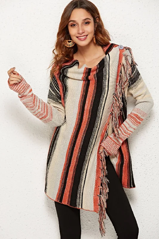 Striped Tassel Detail One-Button Cardigan Contemporary 