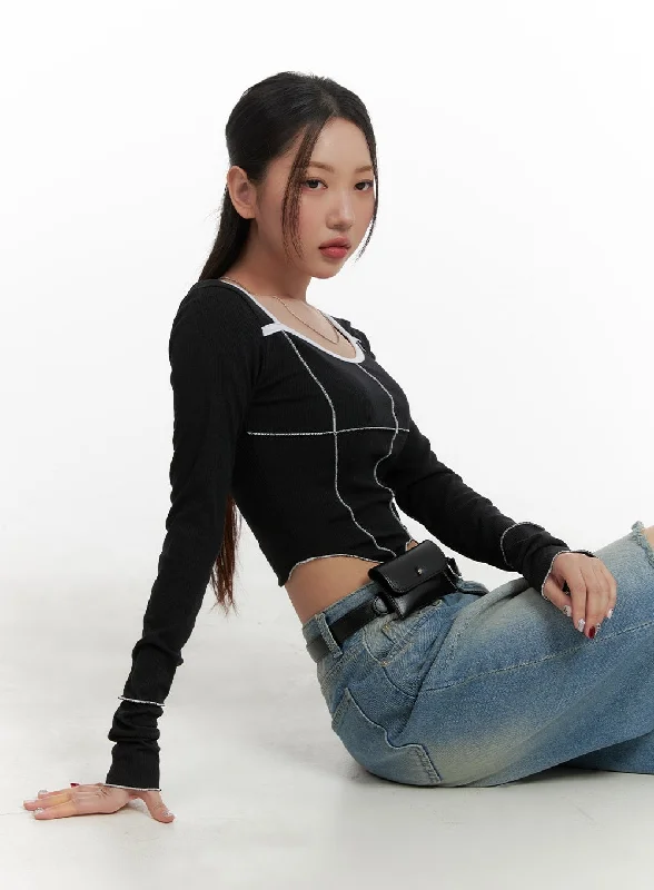 U Neck Stitched Detail Cropped Long Sleeve CA416 Practical Women's Quick - dry