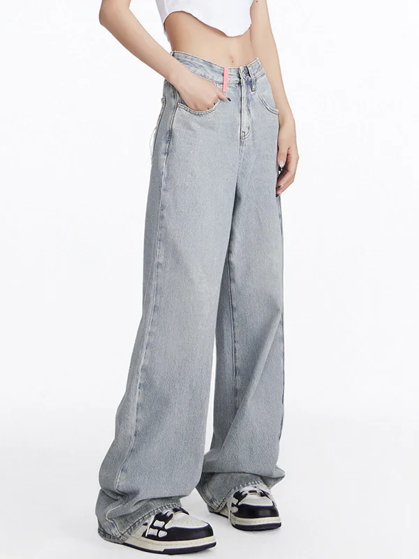 BerryBetty - Faded Denim Baggy Wide Leg Boyfriend Jeans Dapper Women's Bow - adorned