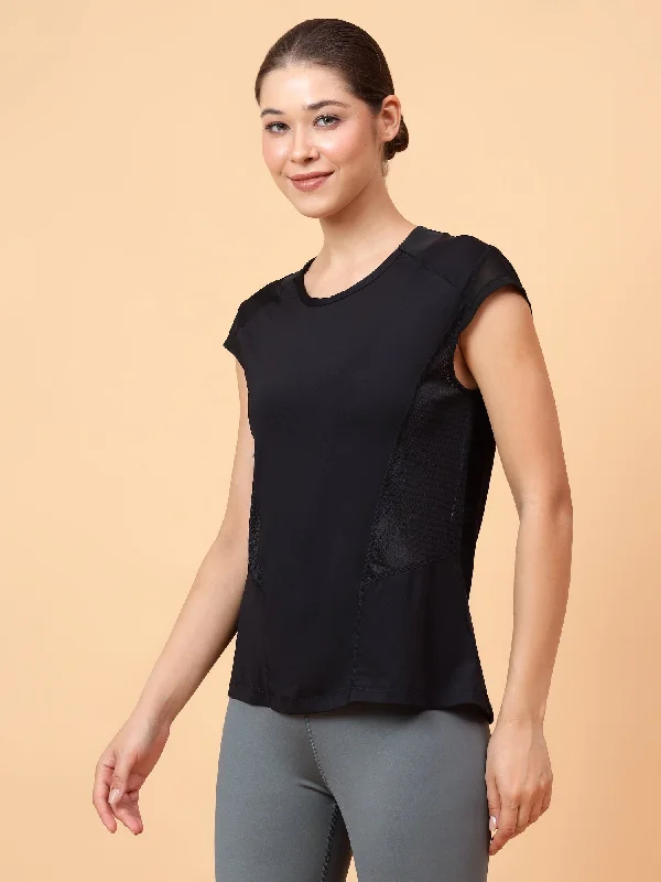 Fitkin Women's Black Solid Side Mesh Training Top Refined Women's Velvet