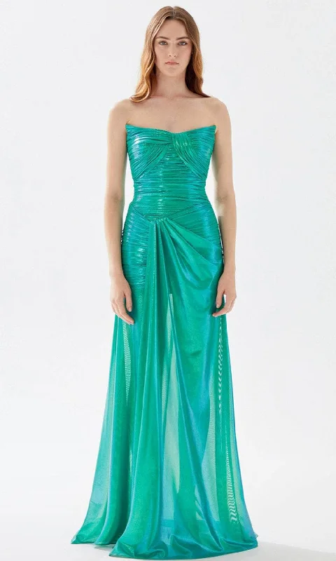 Tarik Ediz 52039 - Strapless Scoop Ruched Prom Gown Stylish Women's Neon