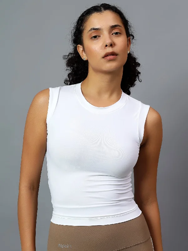 Fitkin Women White Fitted Crop Tank Compression