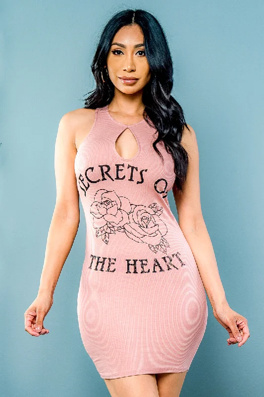 'Secrets of The Heart' Halter Strappy Racer Back Graphic Tee Mini Dress with Keyhole Front (MD-130) Sporty Women's Tennis 'Secrets of The Heart' Halter Strappy Racer Back Graphic Tee Mini Dress with Keyhole Front (MD-130) Sporty Women's Tennis