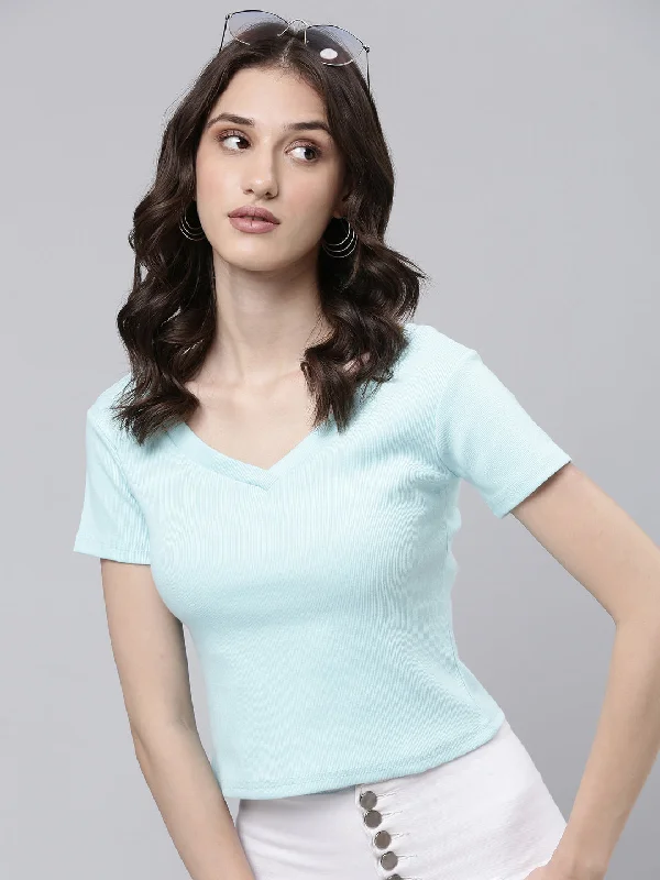 Women Turquoise Blue Solid Crop Slim Fit Tshirt Country