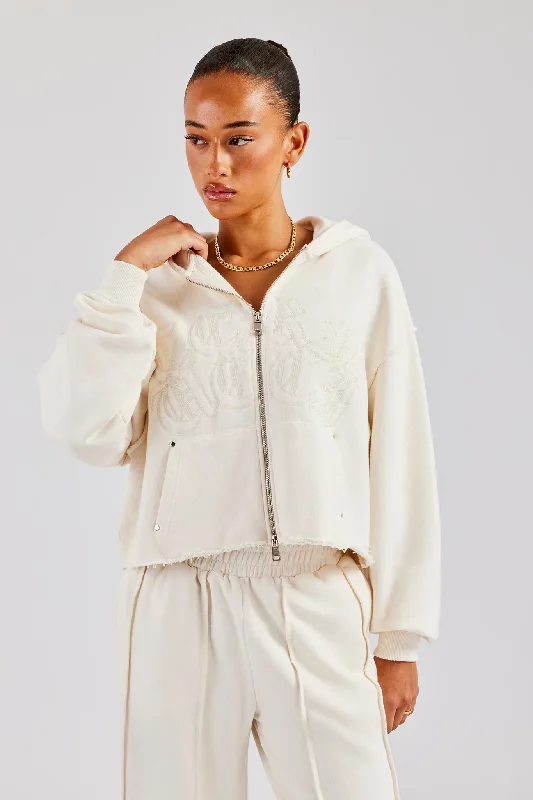 Raw Edge Zip Through Hoodie - Off White Earthy Women's Hemp - based
