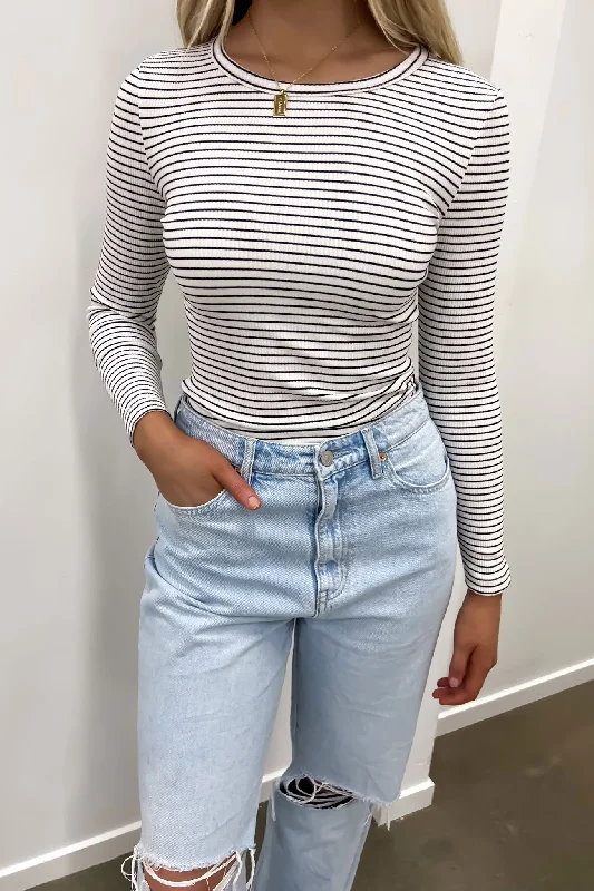 Eve Rib Stripe Long Sleeve White Luxurious Women's High -  end