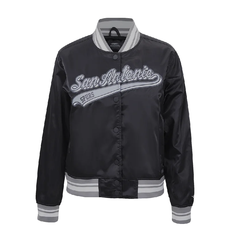 NBA SAN ANTONIO SPURS SCRIPT TAIL WOMEN'S SATIN JACKET (BLACK/GRAY) Feminine Women's Style NBA SAN ANTONIO SPURS SCRIPT TAIL WOMEN'S SATIN JACKET (BLACK/GRAY) Feminine Women's Style