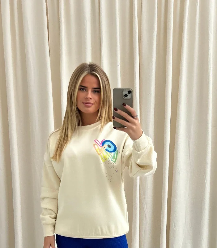 Neon Heart/Evil Eye Graffiti Sweatshirt Cream Unique Women's Upcycled