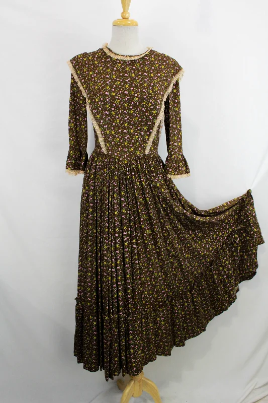 Vintage 1960s Brown Floral Prairie Dress and Bonnet, 1967 Centennial Maxi Dress Preppy Women's College