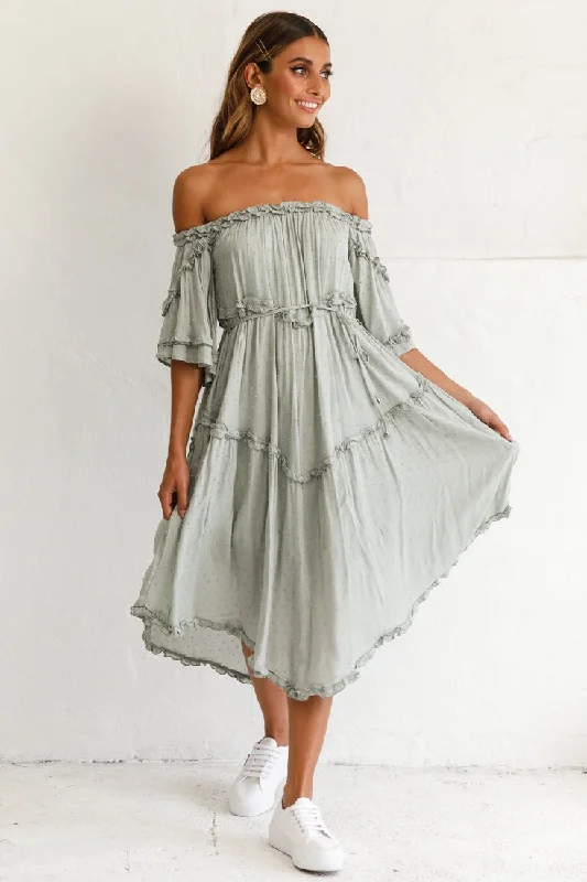 Renoir Off-Shoulder Frill Trim Midi Dress Olive Practical Women's Multi - 
