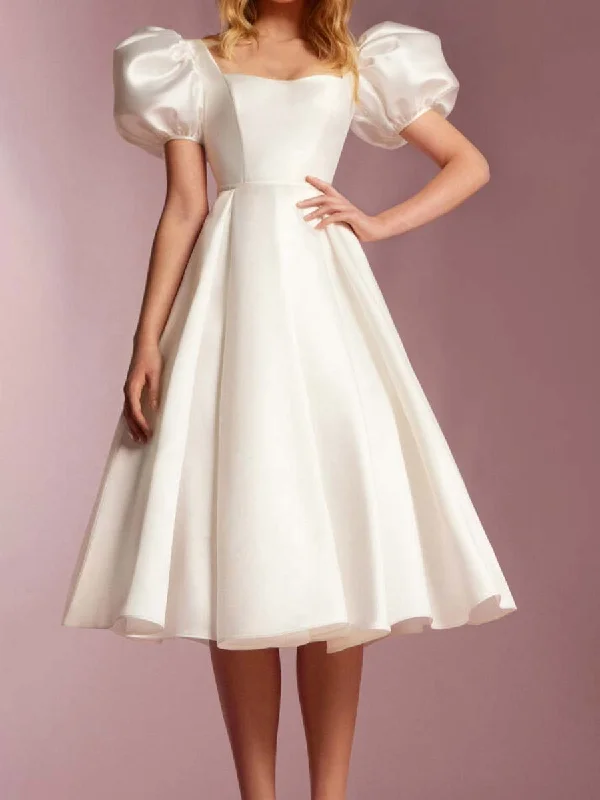 Vintage Tea Length Wedding Dresses A Line Puff Sleeve Casual Women's Japanese 