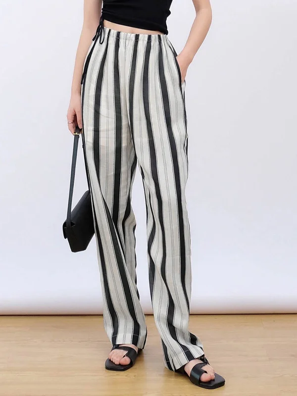 BerryBetty - Striped Linen Cropped Wide Leg Pants Women