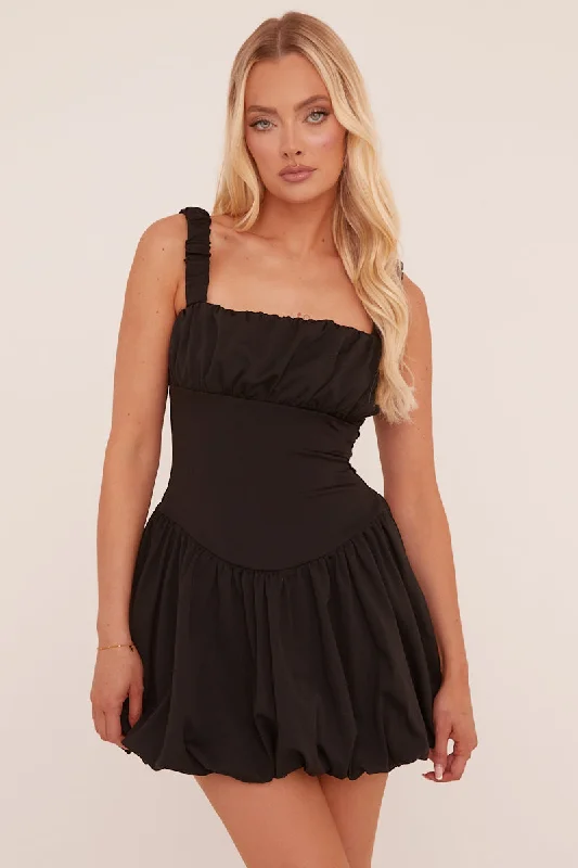 Black Ruching Detail Puffball Mini Dress - Katie Modern Women's 