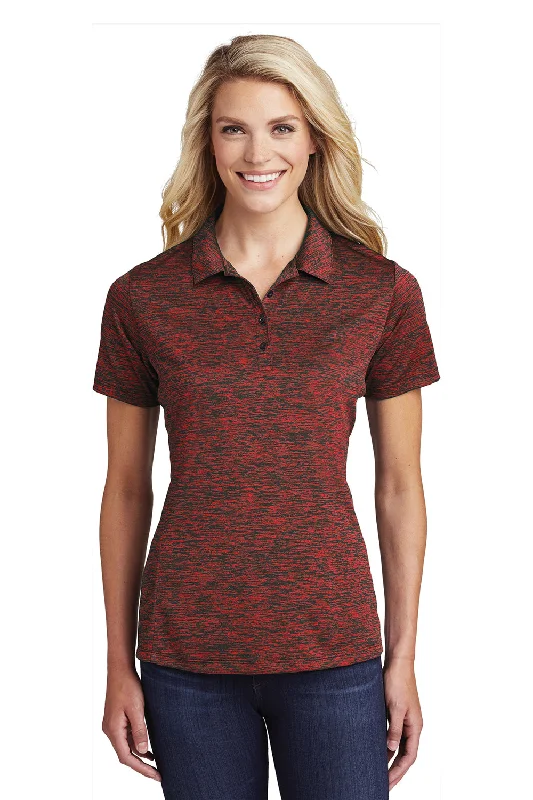 Sport-Tek Womens Electric Heather Moisture Wicking Short Sleeve Polo Shirt - Deep Red Black Electric Monochromatic Office Style Sport-Tek Womens Electric Heather Moisture Wicking Short Sleeve Polo Shirt - Deep Red Black Electric Monochromatic Office Style