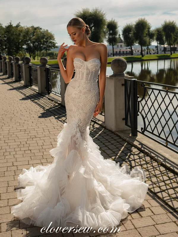 Dark Ivory Beading Lace Ruffles Mermaid Strapless Wedding Dresses, CW0355