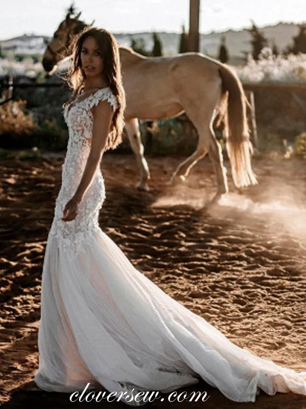 Lace Applique Cap Sleeves Open Back Mermaid Country Wedding Dresses, CW0353 Vacation Lace Applique Cap Sleeves Open Back Mermaid Country Wedding Dresses, CW0353 Vacation