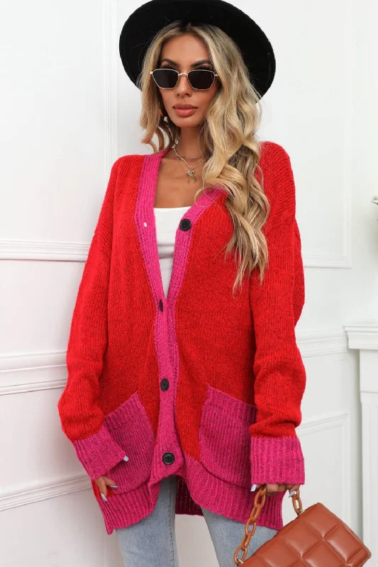 Contrast Detail Button-Up Cardigan with Pockets Modern Women's 