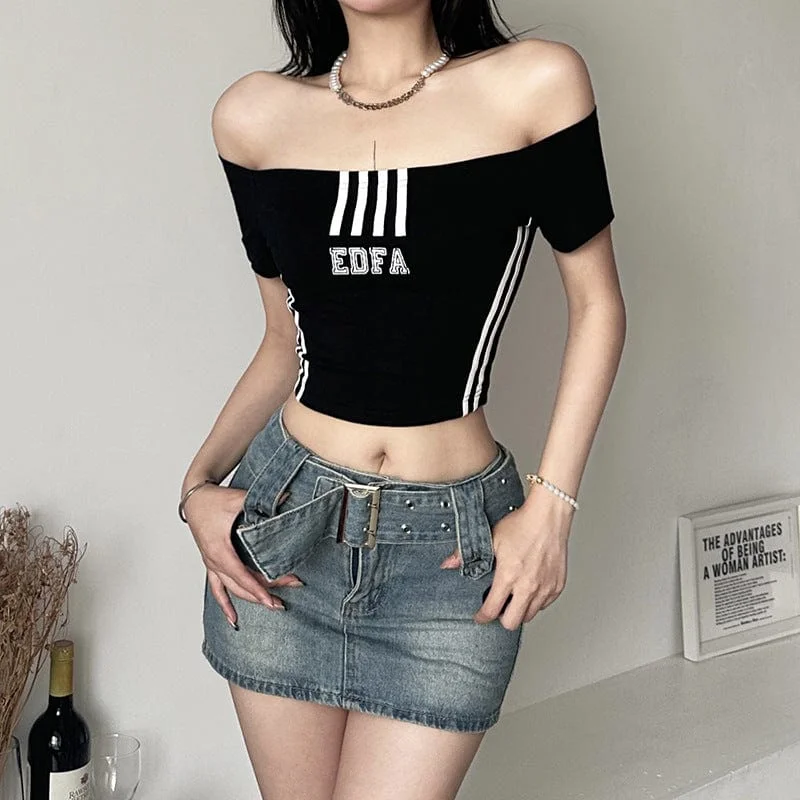 Women's Grunge Off Shoulder Letter Printed Crop Top Dapper Women's Bow - adorned