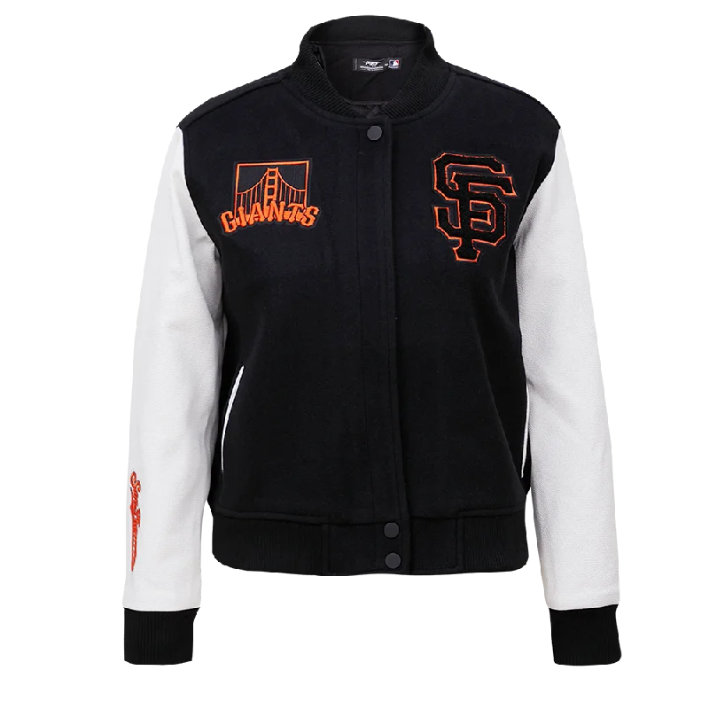 MLB SAN FRANCISCO GIANTS CLASSIC WOOL WOMEN'S VARSITY JACKET (BLACK/WHITE) Unique Women's Upcycled MLB SAN FRANCISCO GIANTS CLASSIC WOOL WOMEN'S VARSITY JACKET (BLACK/WHITE) Unique Women's Upcycled