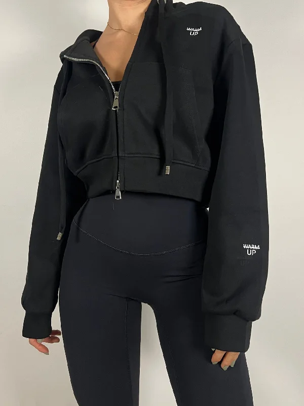 Onyx Black Cropped Zip up Hoodie British Gentlewoman Style